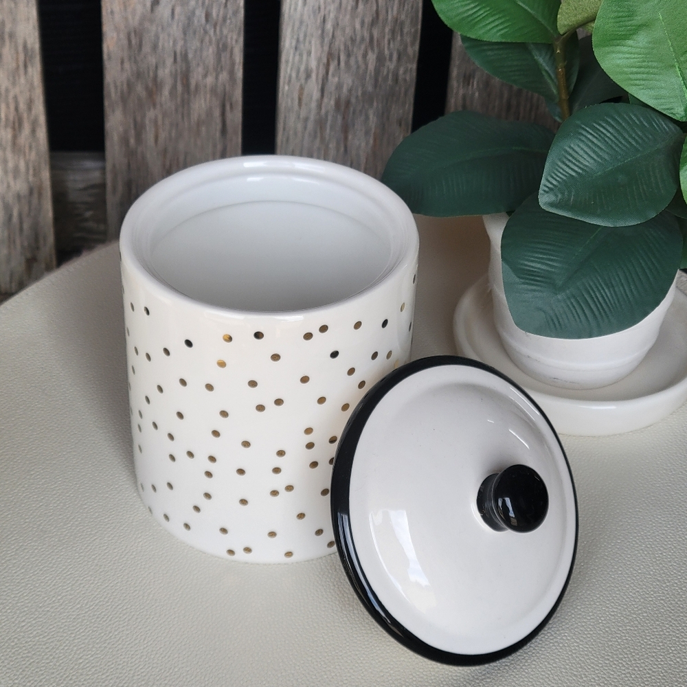 Clay Art White and Gold Polka Dot Ceramic Jar With Lid